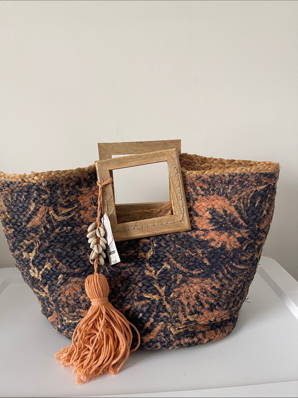 Time and Tru Black and Orange Handwoven Jute Tote with Wooden Handles beach bag